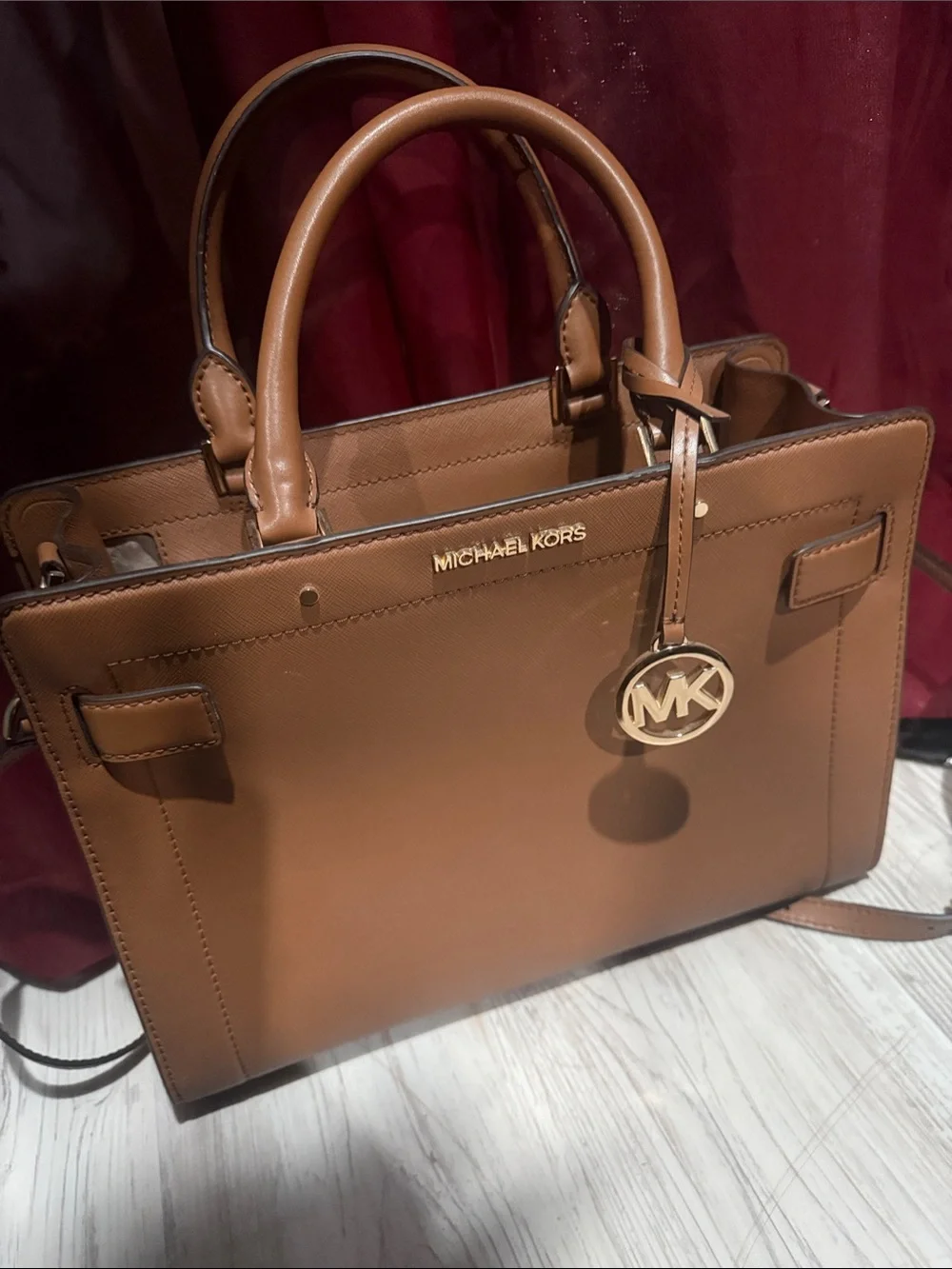 Michael Kors Tan Saffiano Leather Satchel with Gold MK Charm